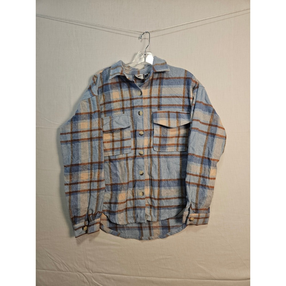 Ford Bronco Graphic Plaid Flannel Shirt Blue Tan Butterfly XS 3104